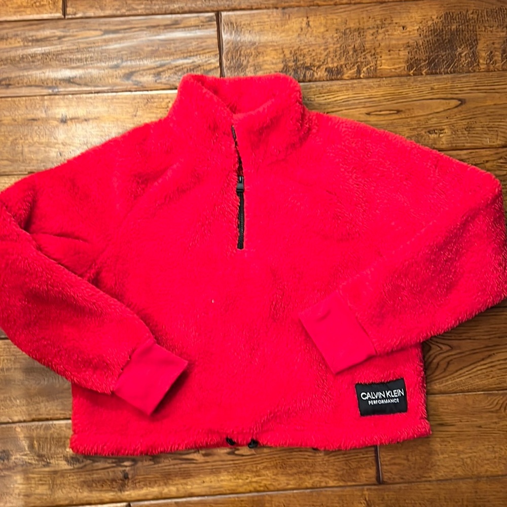 Calvin Klein Red crop furry 1/4 zip. Size medium. Worn once.